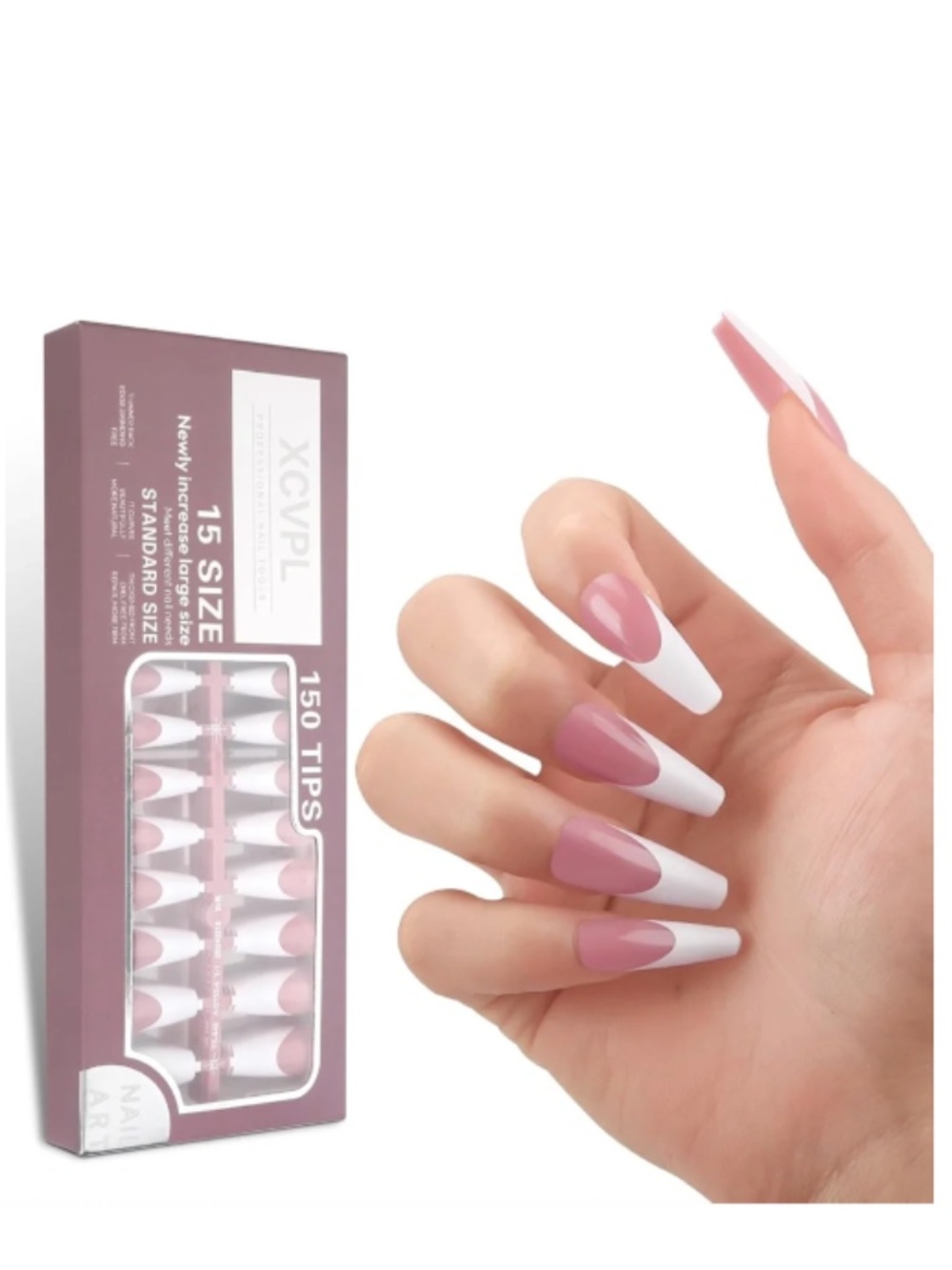 Long Coffin Pink and White French Tip Press-On Nails